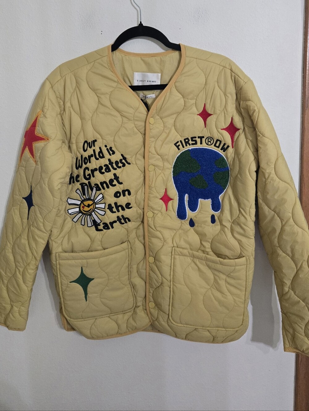 FIRST BOW Quilted Utility Jacket in Yellow with Graphic Patches